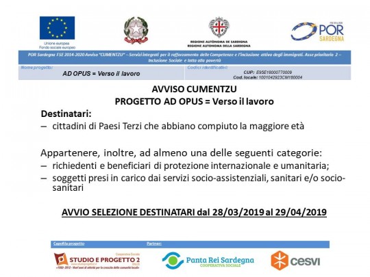 Avviso CUMENTZU - Progetto Ad Opus-Verso il lavoro: avviso di selezione dei beneficiari